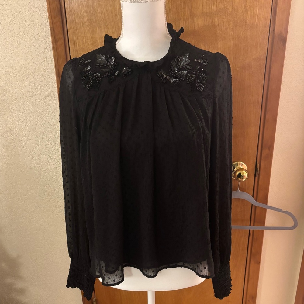 Zara Elegant Long Sleeve Black Blouse with Beading
